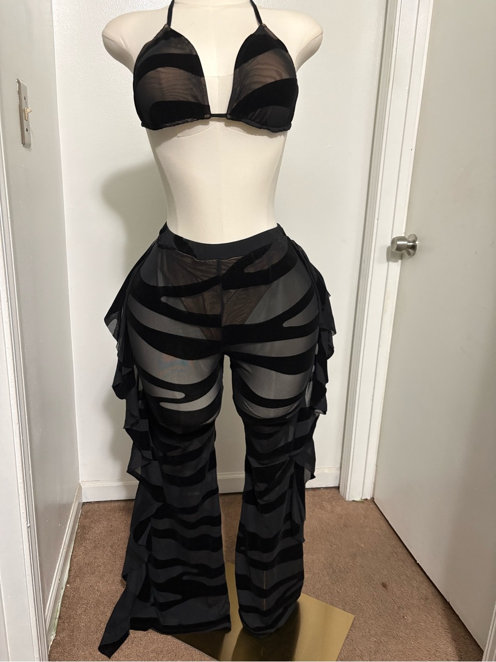 SHEIN Black Velvet-Trim Halter Bikini Top and matching swim pants